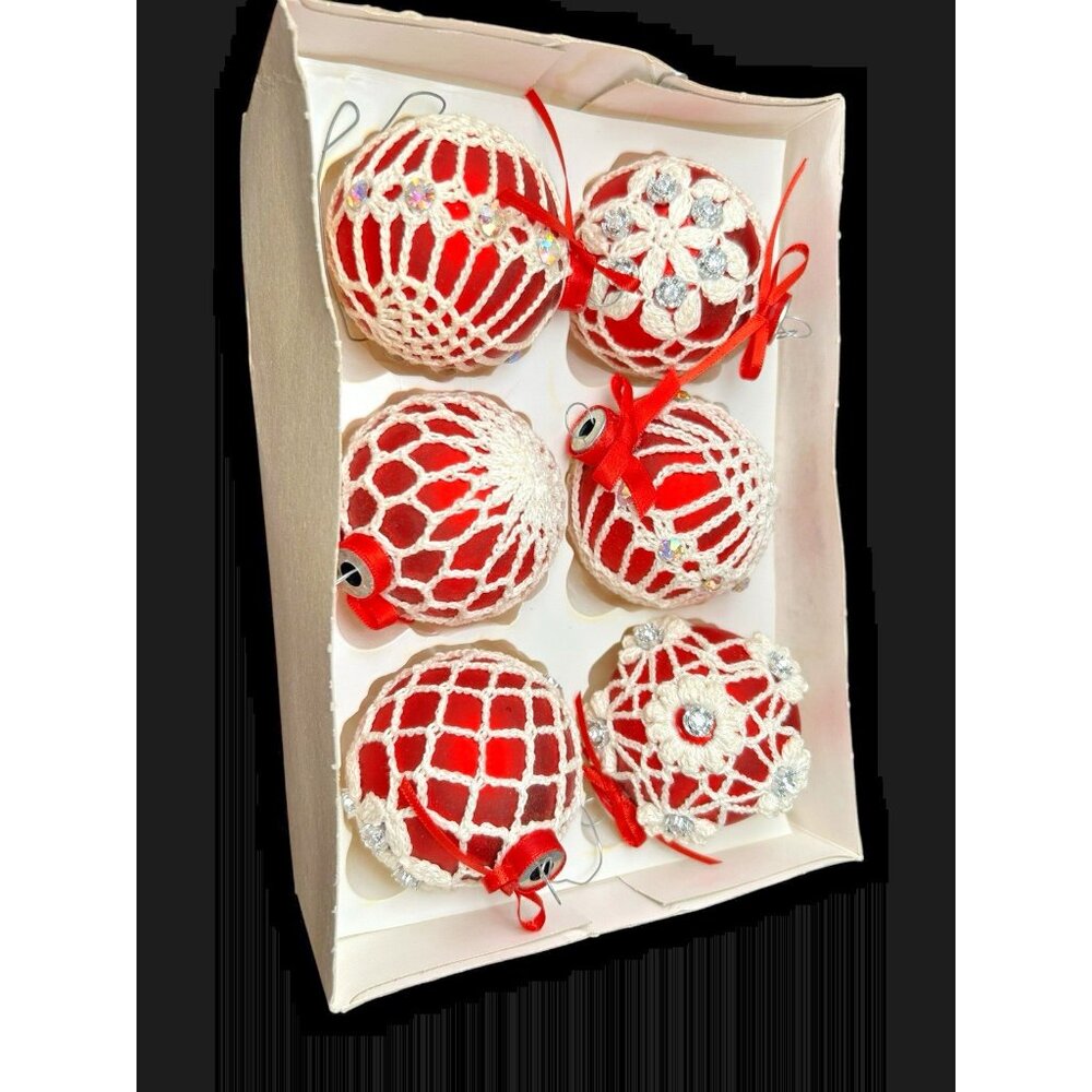 Vintage Crochet Sleeve w Rhinestone Christmas Ornaments Red Set of 6 Woolworth